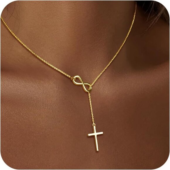 Cross Necklace for Women 14K Gold/Silver Plated Dainty Infinity Long Pendant Cha - Picture 1 of 8